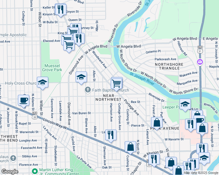 map of restaurants, bars, coffee shops, grocery stores, and more near 1083 Woodward Avenue in South Bend