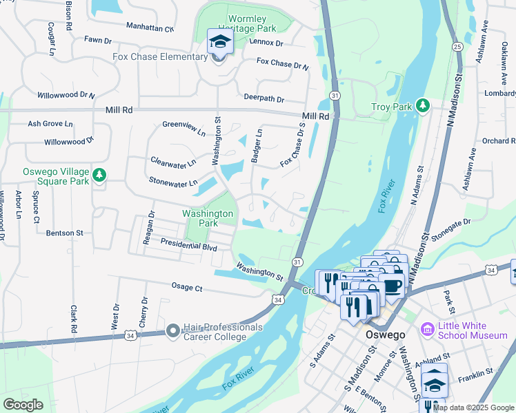 map of restaurants, bars, coffee shops, grocery stores, and more near 504 Parkland Court in Oswego