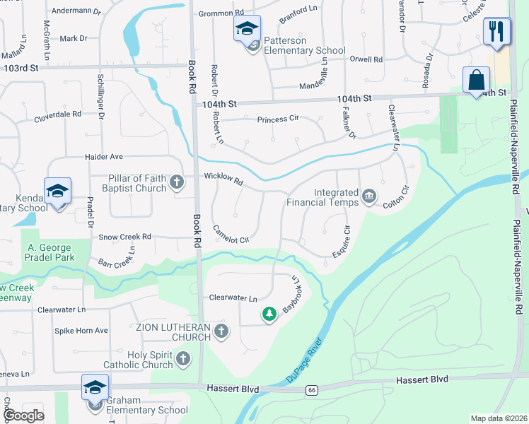 map of restaurants, bars, coffee shops, grocery stores, and more near 4304 Camelot Circle in Naperville