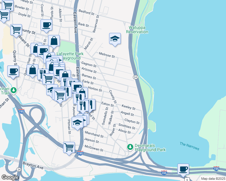 map of restaurants, bars, coffee shops, grocery stores, and more near 271 Barnes Street in Fall River
