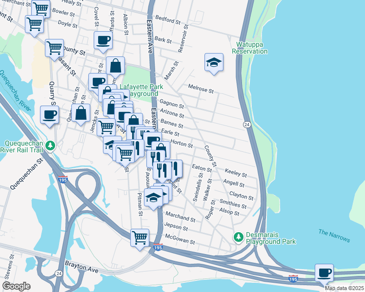 map of restaurants, bars, coffee shops, grocery stores, and more near 95 Earle Street in Fall River