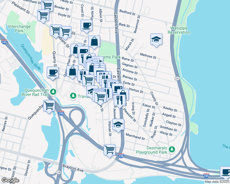map of restaurants, bars, coffee shops, grocery stores, and more near 81 Bedard Street in Fall River