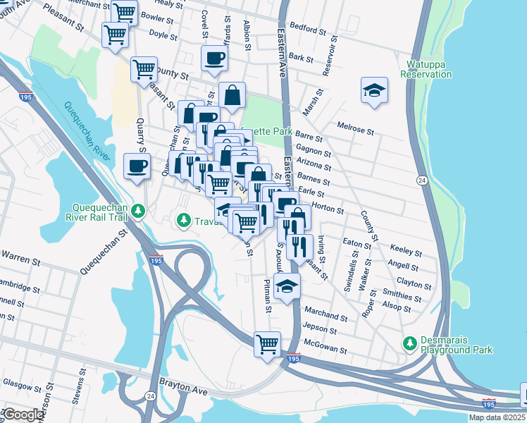 map of restaurants, bars, coffee shops, grocery stores, and more near 81 Bedard Street in Fall River