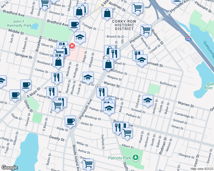 map of restaurants, bars, coffee shops, grocery stores, and more near 45 Niagara Street in Fall River