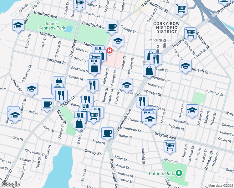 map of restaurants, bars, coffee shops, grocery stores, and more near 172 Hamlet Street in Fall River