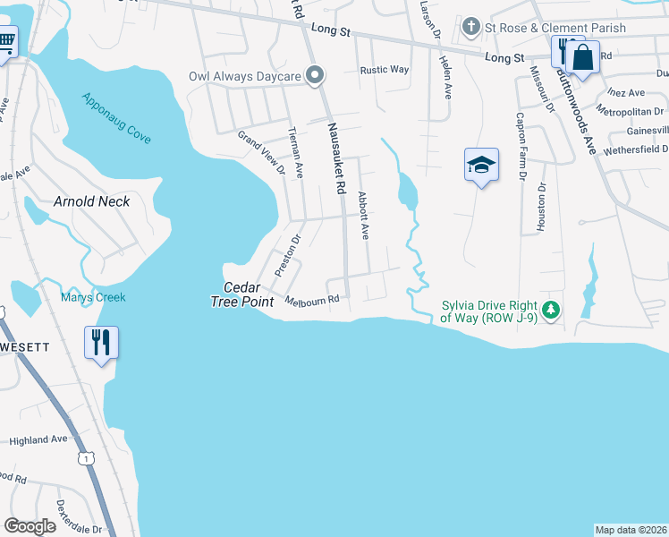 map of restaurants, bars, coffee shops, grocery stores, and more near 415 Nausauket Road in Warwick