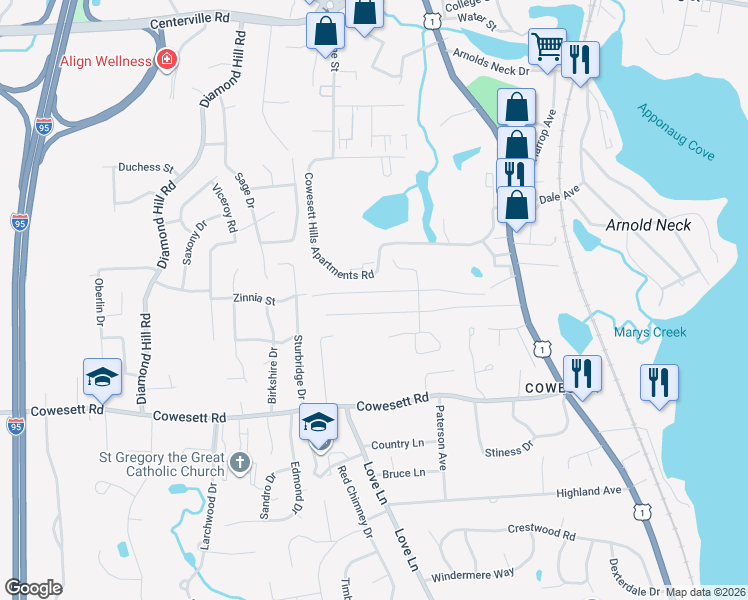 map of restaurants, bars, coffee shops, grocery stores, and more near 15 Bokar Street in Warwick