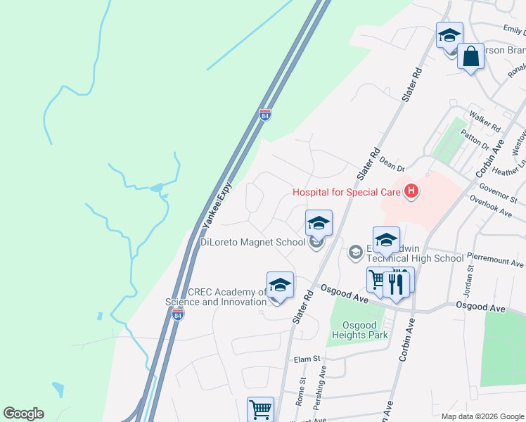 map of restaurants, bars, coffee shops, grocery stores, and more near 44 Kenyon Circle in New Britain
