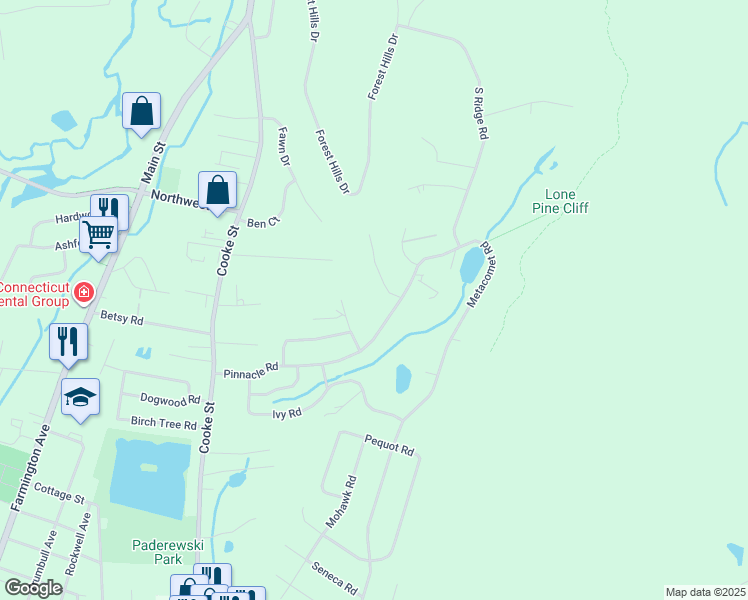 map of restaurants, bars, coffee shops, grocery stores, and more near 98 Nod Road in Plainville