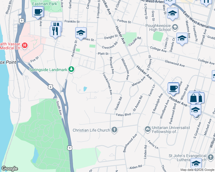 map of restaurants, bars, coffee shops, grocery stores, and more near 19 Loockerman Avenue in Poughkeepsie