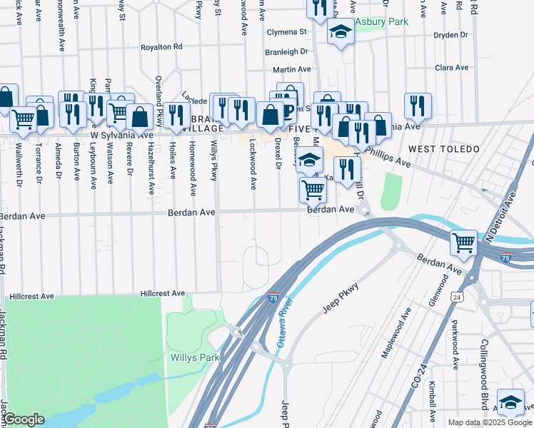 map of restaurants, bars, coffee shops, grocery stores, and more near 3811 Drexel Drive in Toledo