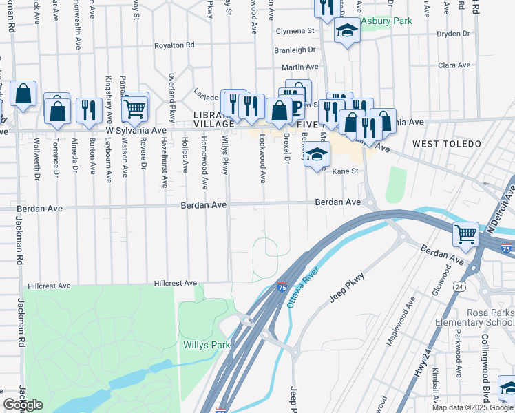 map of restaurants, bars, coffee shops, grocery stores, and more near 3815 Lockwood Avenue in Toledo