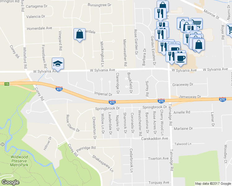 map of restaurants, bars, coffee shops, grocery stores, and more near 3903 Clareridge Drive in Toledo