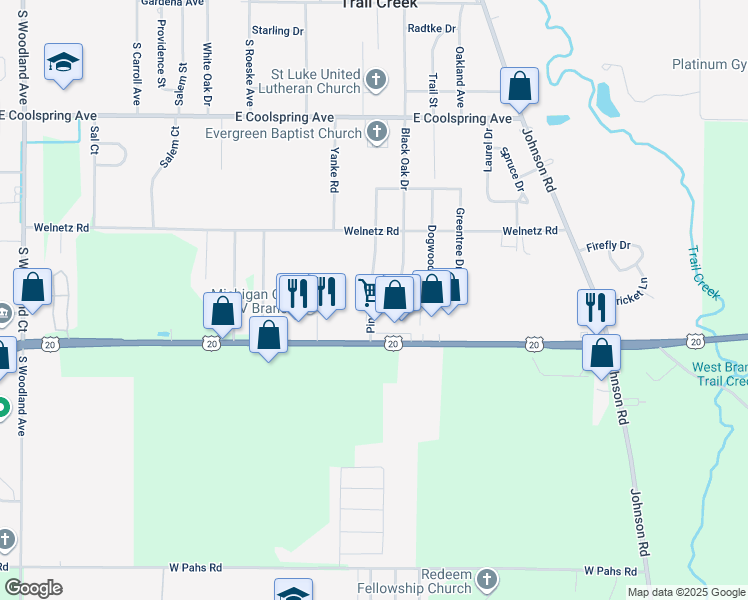 map of restaurants, bars, coffee shops, grocery stores, and more near 624 Pinetree Drive in Trail Creek