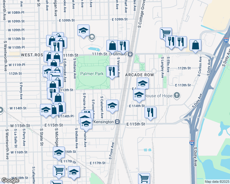 map of restaurants, bars, coffee shops, grocery stores, and more near 11247 South Vernon Avenue in Chicago