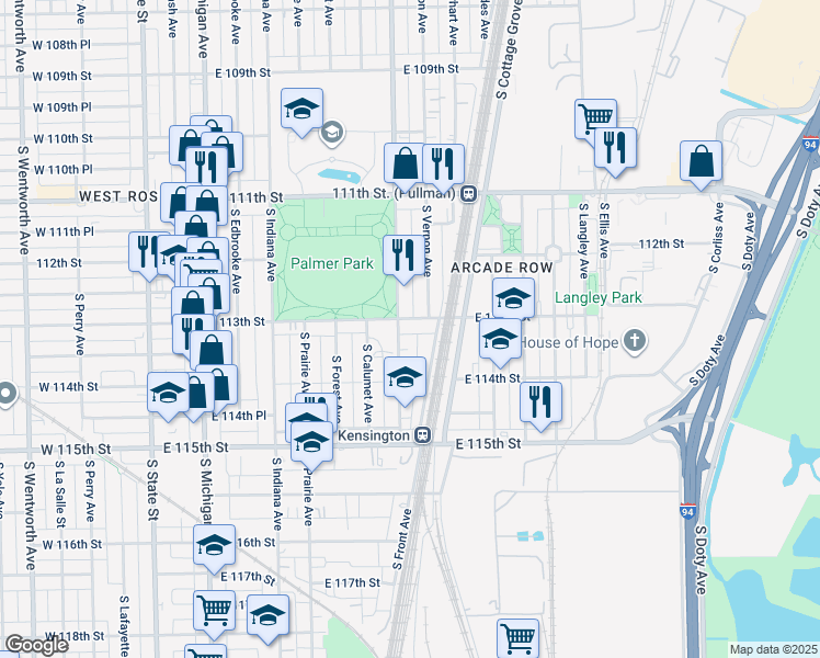 map of restaurants, bars, coffee shops, grocery stores, and more near 11241 South King Drive in Chicago