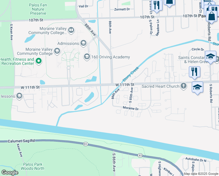 map of restaurants, bars, coffee shops, grocery stores, and more near in Palos Hills