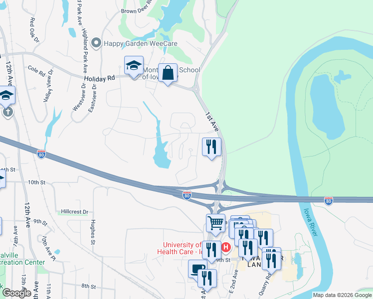 map of restaurants, bars, coffee shops, grocery stores, and more near 8 Redtail Court in Coralville