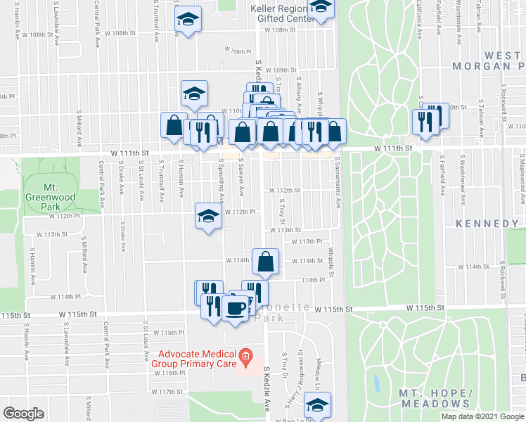 map of restaurants, bars, coffee shops, grocery stores, and more near S Kedzie Ave & W 112th Pl in Chicago