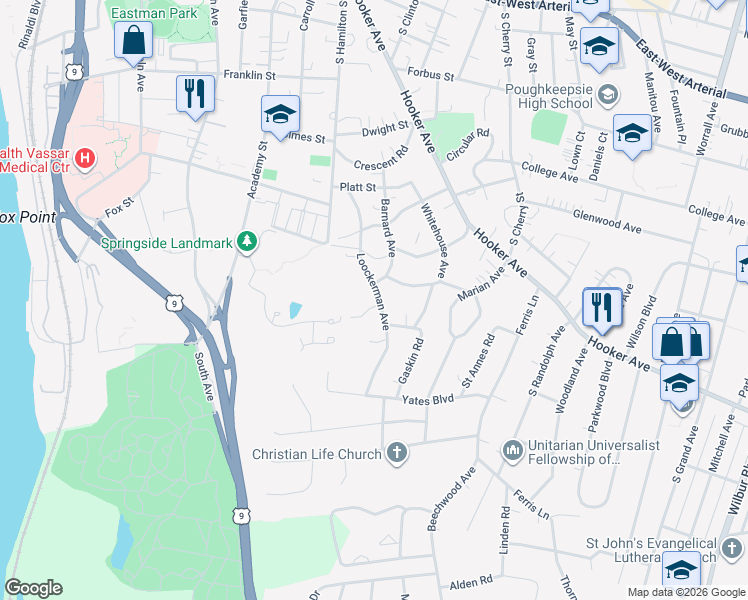 map of restaurants, bars, coffee shops, grocery stores, and more near 19 Loockerman Avenue in Poughkeepsie