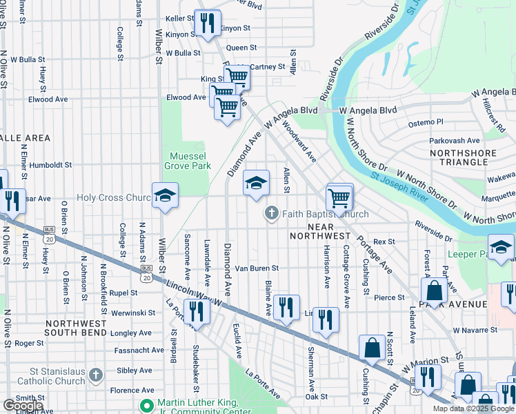 map of restaurants, bars, coffee shops, grocery stores, and more near 1021 Blaine Avenue in South Bend