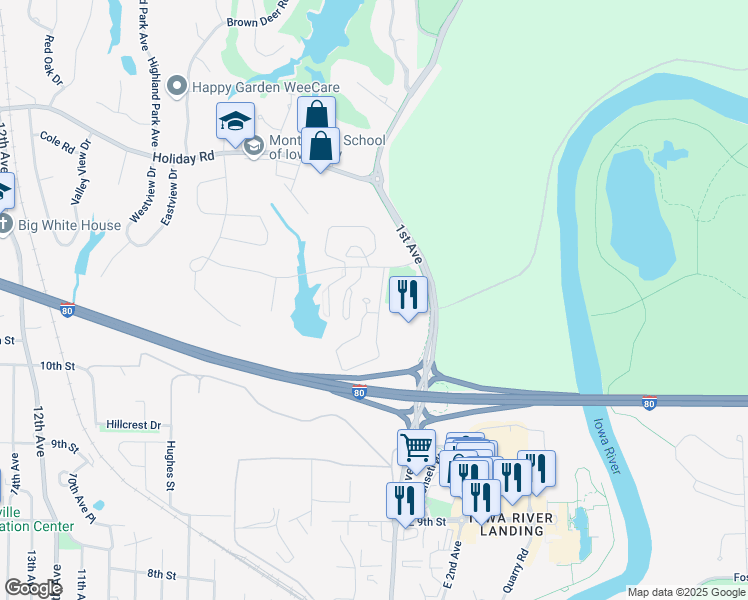 map of restaurants, bars, coffee shops, grocery stores, and more near 6 Redtail Court in Coralville