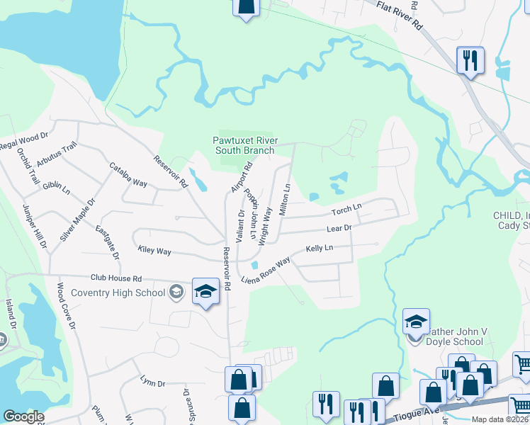 map of restaurants, bars, coffee shops, grocery stores, and more near 61 Wright Way in Coventry