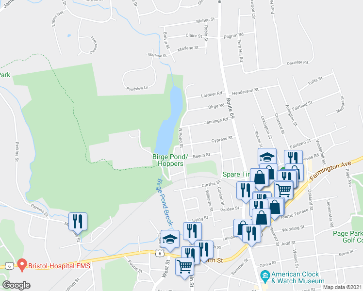 map of restaurants, bars, coffee shops, grocery stores, and more near North Pond Street & Cypress Street in Bristol