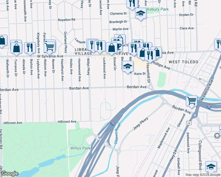 map of restaurants, bars, coffee shops, grocery stores, and more near 1147 Berdan Avenue in Toledo