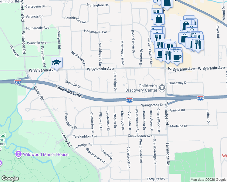 map of restaurants, bars, coffee shops, grocery stores, and more near 3903 Clareridge Drive in Toledo