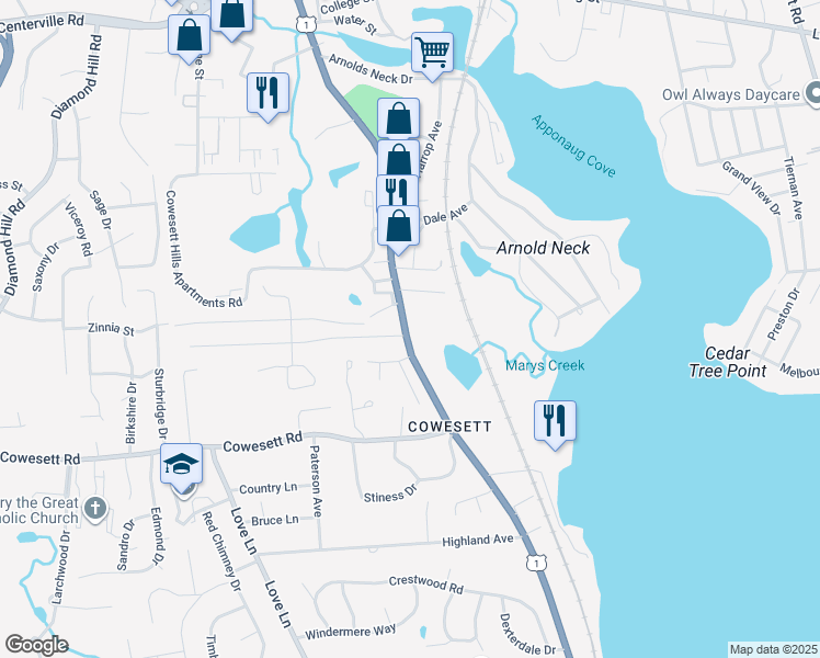 map of restaurants, bars, coffee shops, grocery stores, and more near 3800 Post Road in Warwick