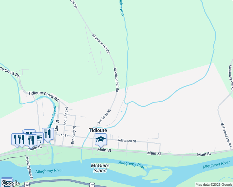 map of restaurants, bars, coffee shops, grocery stores, and more near Morrison Hill Road in Tidioute