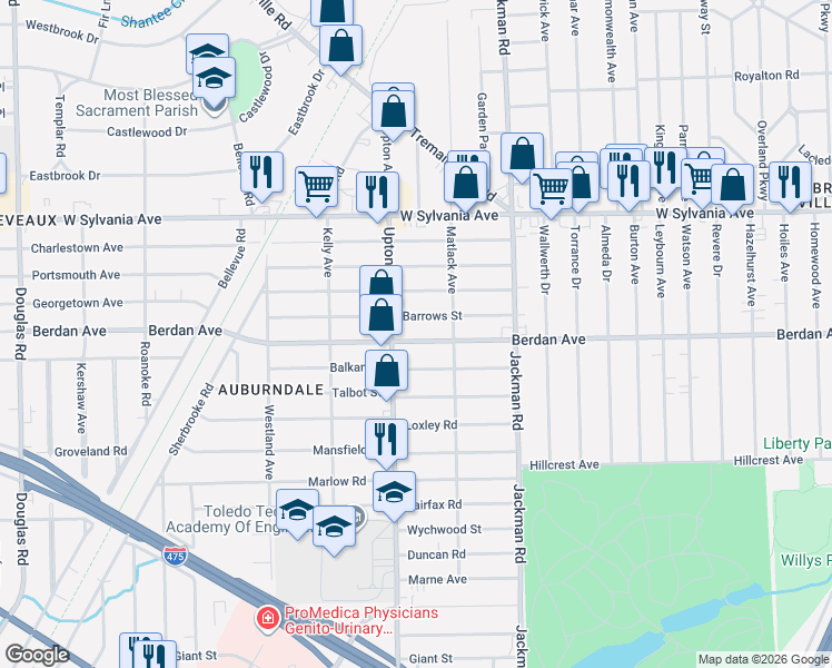 map of restaurants, bars, coffee shops, grocery stores, and more near 3826 Upton Avenue in Toledo