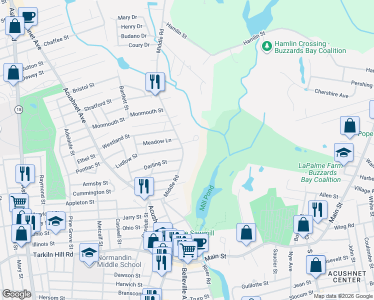 map of restaurants, bars, coffee shops, grocery stores, and more near 76 Middle Road in Acushnet