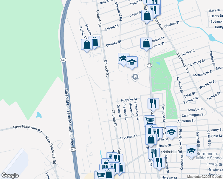map of restaurants, bars, coffee shops, grocery stores, and more near 843-849 Church Street in New Bedford