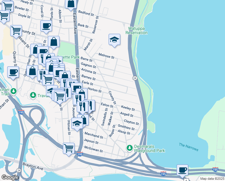 map of restaurants, bars, coffee shops, grocery stores, and more near 271 Barnes Street in Fall River