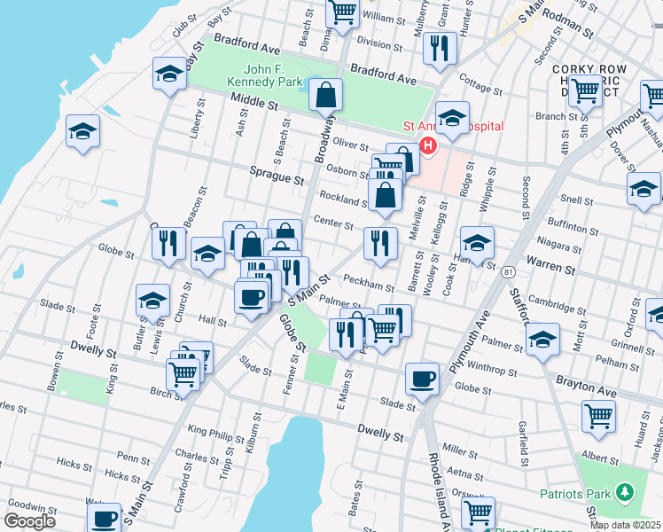 map of restaurants, bars, coffee shops, grocery stores, and more near 24 Tone Street in Fall River