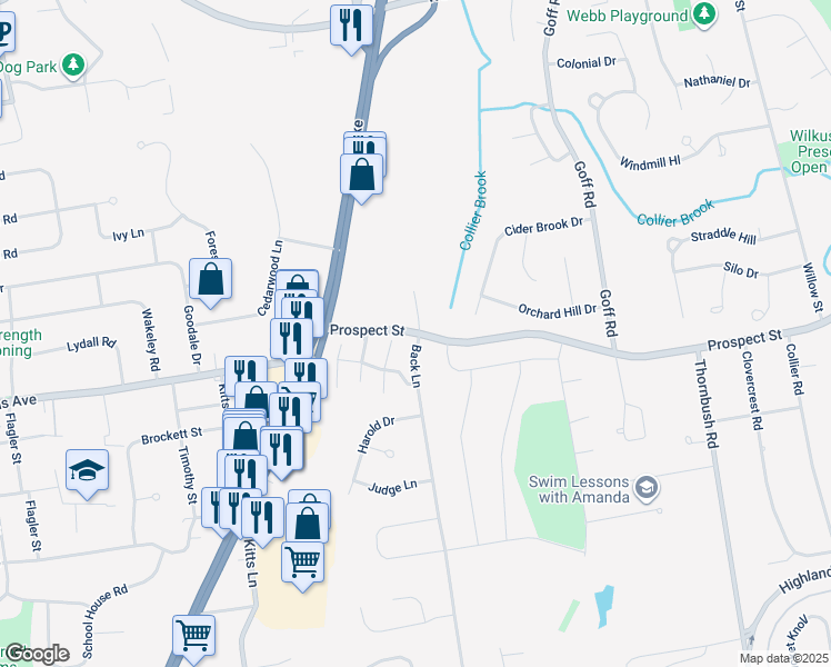 map of restaurants, bars, coffee shops, grocery stores, and more near 25 Orchard Brook Drive in Wethersfield