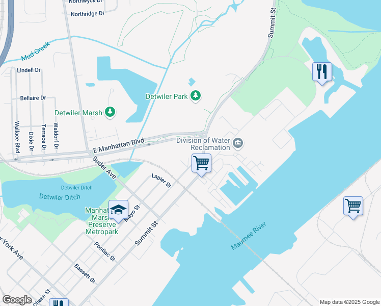 map of restaurants, bars, coffee shops, grocery stores, and more near 3762 East Manhattan Boulevard in Toledo