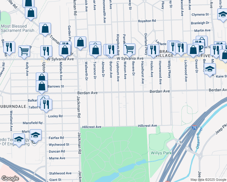 map of restaurants, bars, coffee shops, grocery stores, and more near 3823 Burton Avenue in Toledo