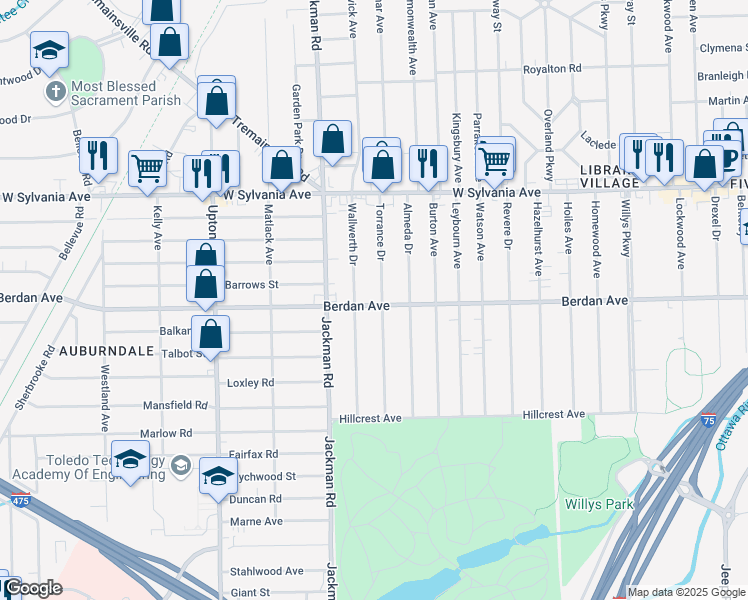 map of restaurants, bars, coffee shops, grocery stores, and more near 3828 Wallwerth Drive in Toledo