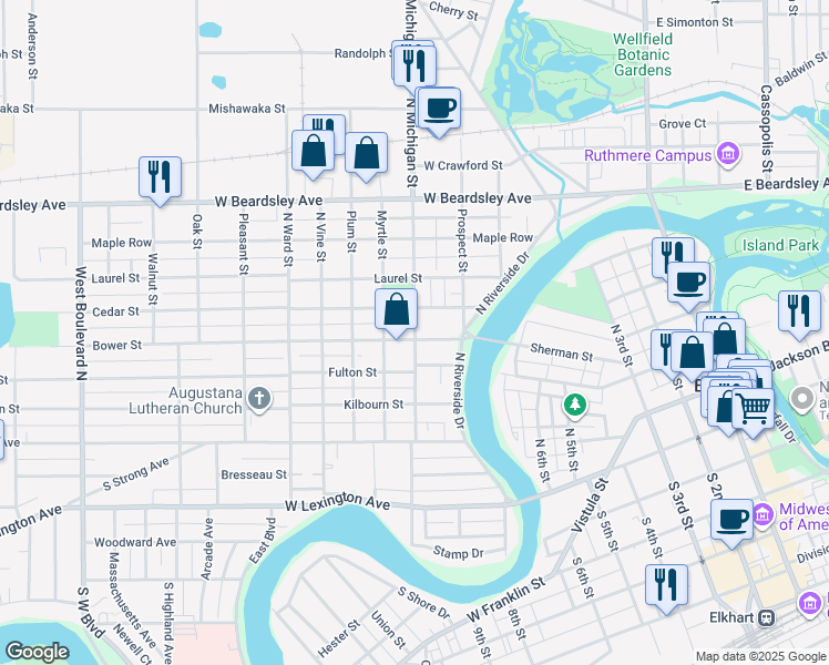 map of restaurants, bars, coffee shops, grocery stores, and more near in Elkhart