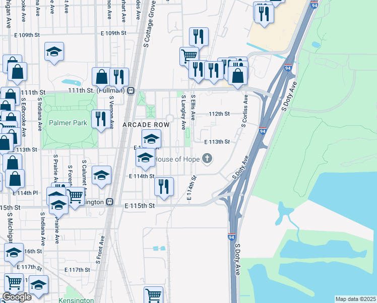 map of restaurants, bars, coffee shops, grocery stores, and more near 11256 South Langley Avenue in Chicago