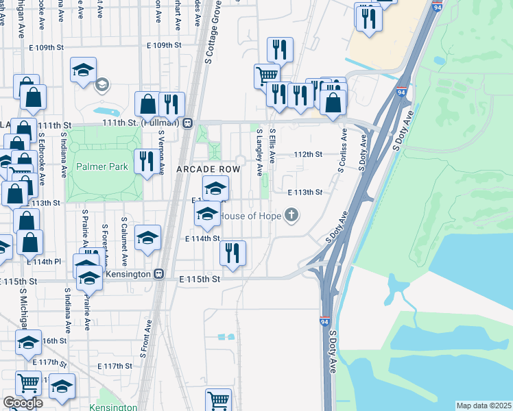 map of restaurants, bars, coffee shops, grocery stores, and more near 11256 South Langley Avenue in Chicago