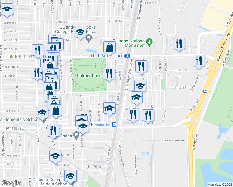 map of restaurants, bars, coffee shops, grocery stores, and more near 11247 South Vernon Avenue in Chicago