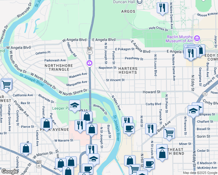 map of restaurants, bars, coffee shops, grocery stores, and more near 1028-1098 North Niles Avenue in South Bend