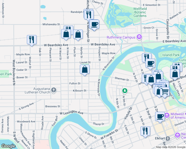 map of restaurants, bars, coffee shops, grocery stores, and more near 623 Cedar Street in Elkhart