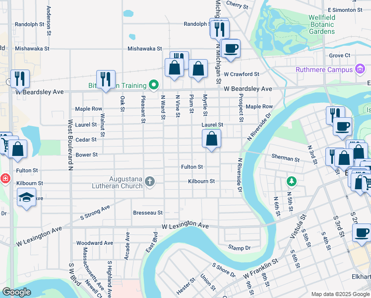 map of restaurants, bars, coffee shops, grocery stores, and more near 421-499 North Vine Street in Elkhart