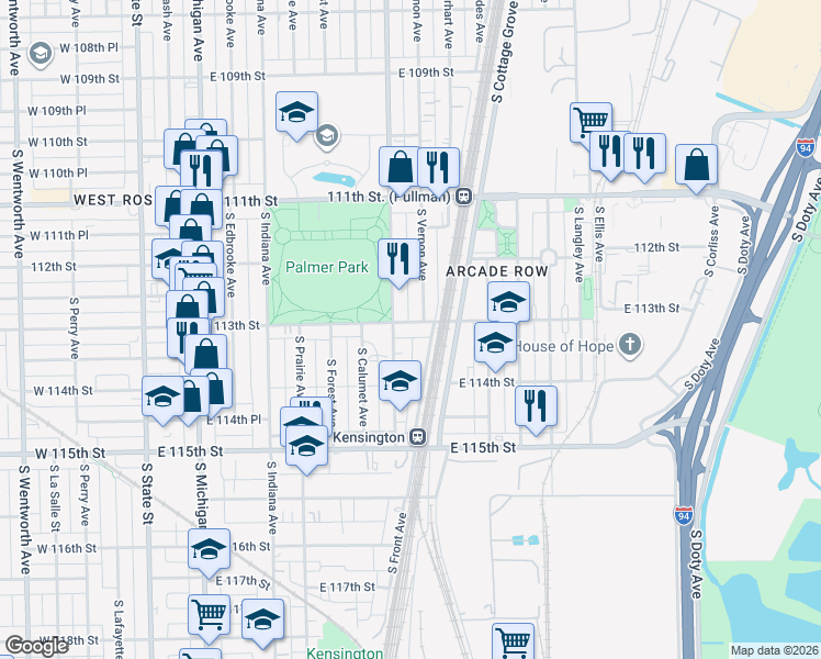 map of restaurants, bars, coffee shops, grocery stores, and more near 11247 South Vernon Avenue in Chicago