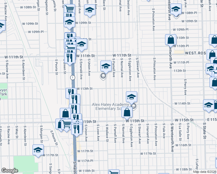 map of restaurants, bars, coffee shops, grocery stores, and more near 11202 South Wallace Street in Chicago